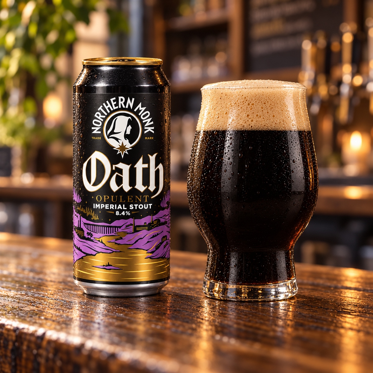 Northern Monk Oath: lata junto a cerveza servida en ambiente