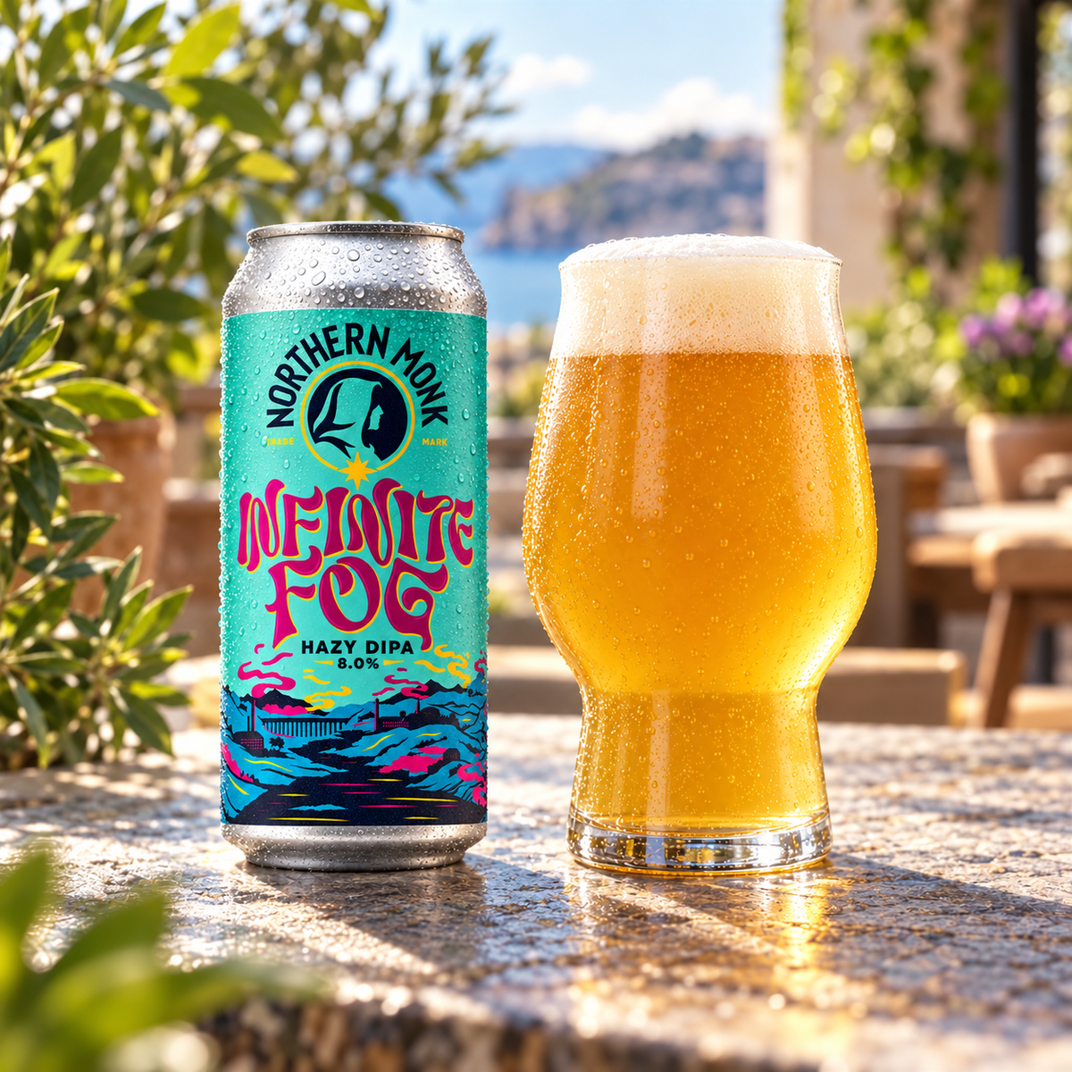 Northern Monk Infinite Fog: lata junto a cerveza servida en ambiente