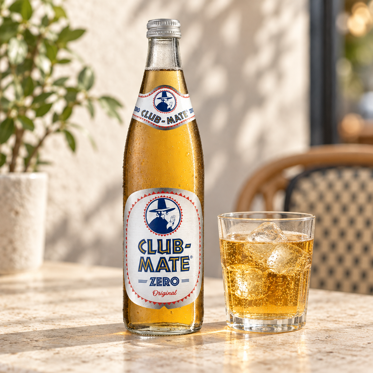Club Mate Zero 50cl: botella junto a un vaso servido