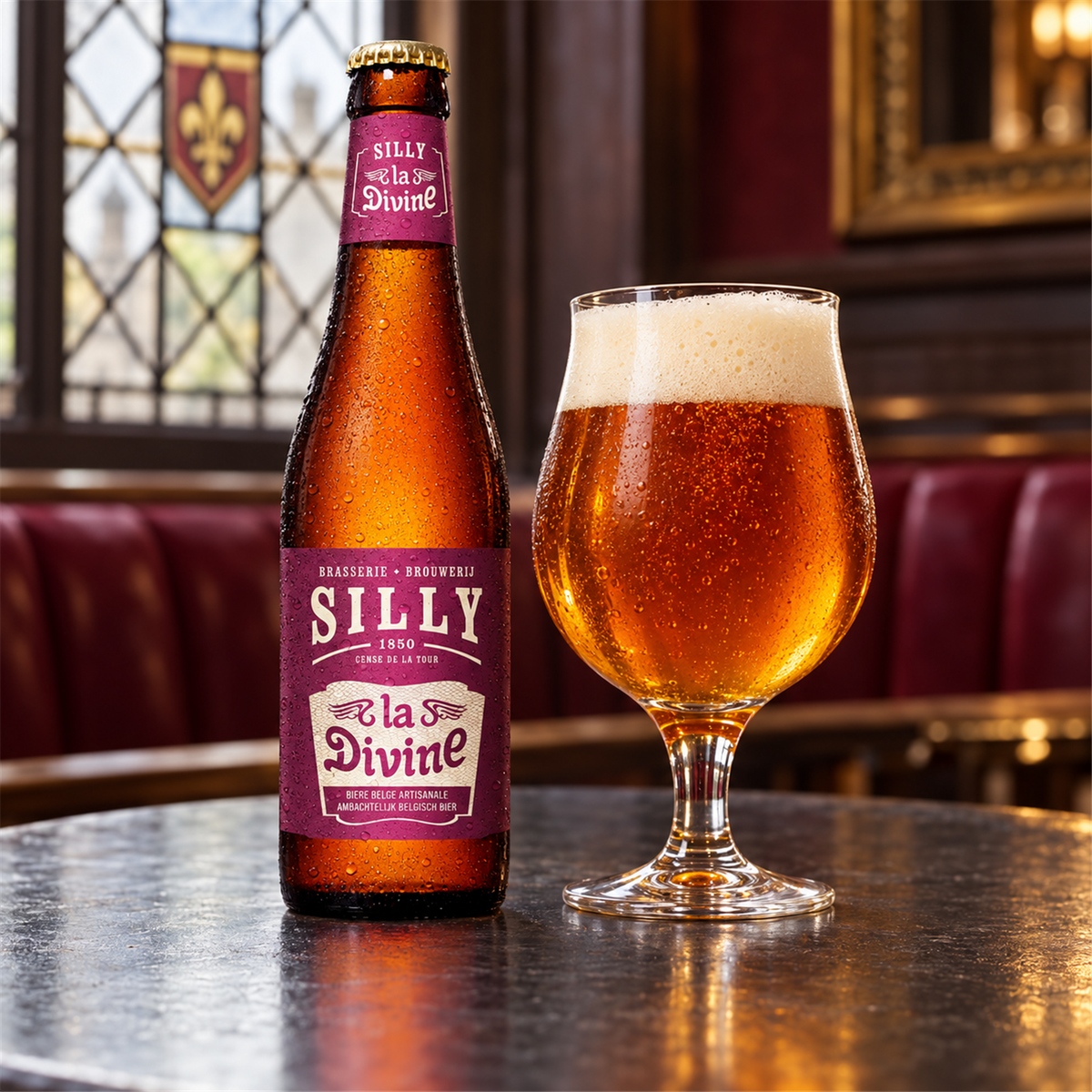 Silly La Divine: bebida servida en vaso junto a su envase