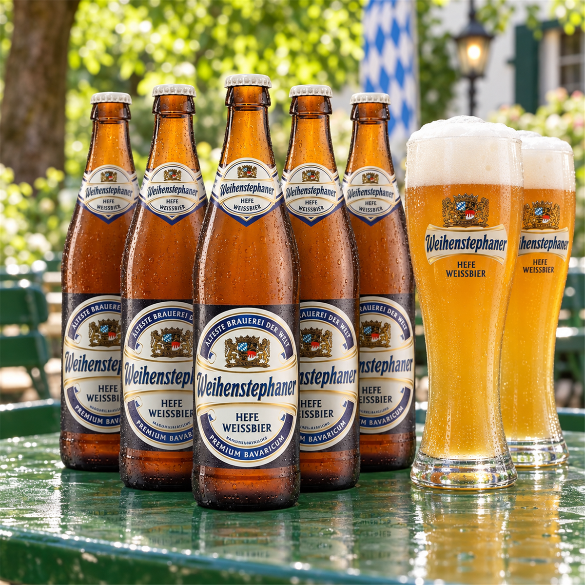 Weihenstephan Hefeweissbier Caja 20x50cl: bebida servida en vaso junto a su envase