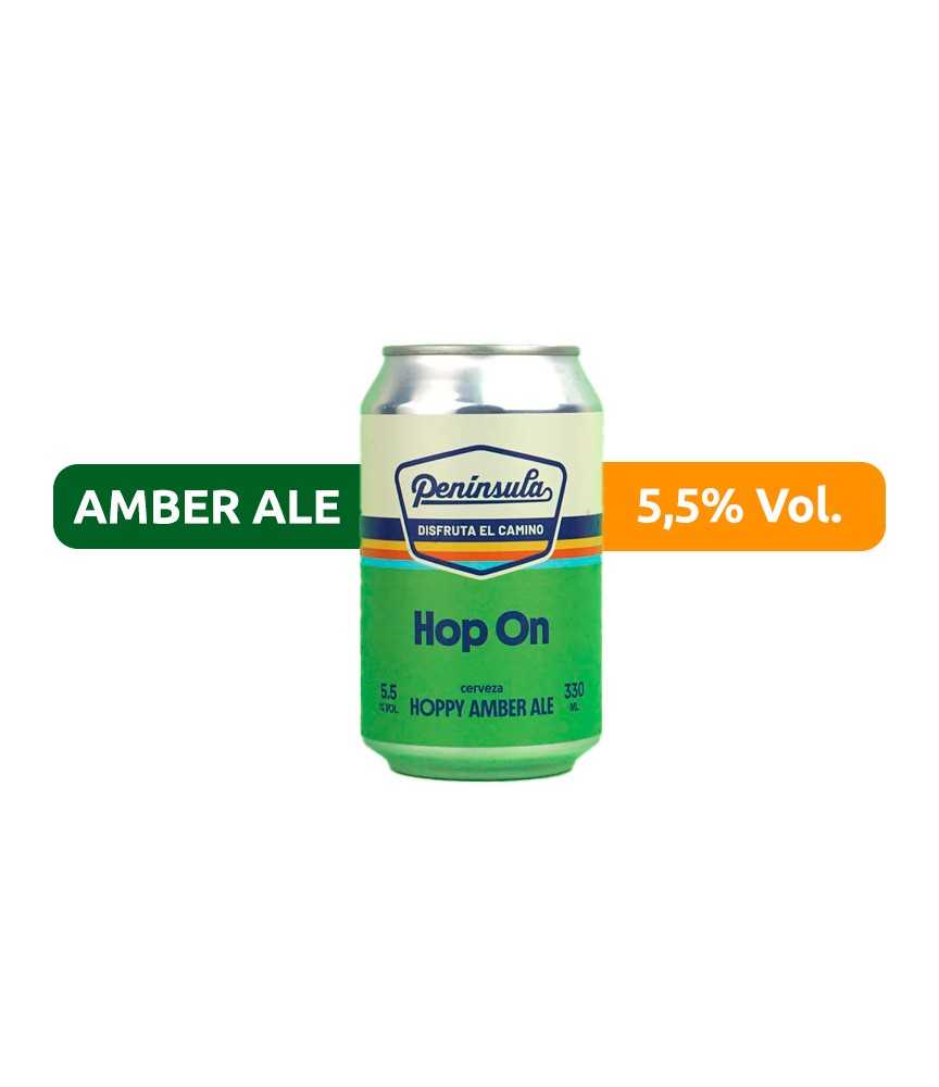 Cerveza Hop On de Península, una Hoppy amber Ale de 5,5% vol.