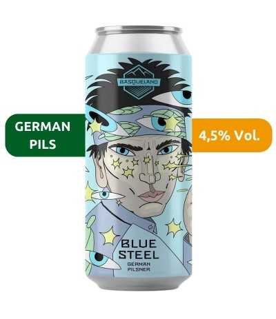 Cerveza Blue Steel de Basqueland, de estilo German Pils con un 4,5% Vol.