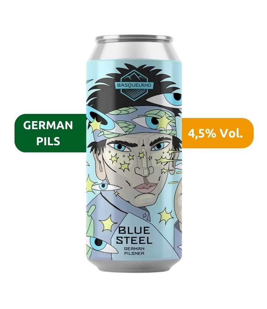 Cerveza Blue Steel de Basqueland, de estilo German Pils con un 4,5% Vol.
