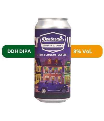 Cerveza Hazy Vibes Talus & Cashmere, de Península. Estilo DDH DIPA, con un 8% de alcohol.