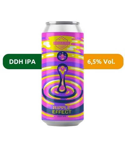 Cerveza Ripple Effect, de Basqueland. De estilo DDH IPA y con un 6,5% de alcohol.