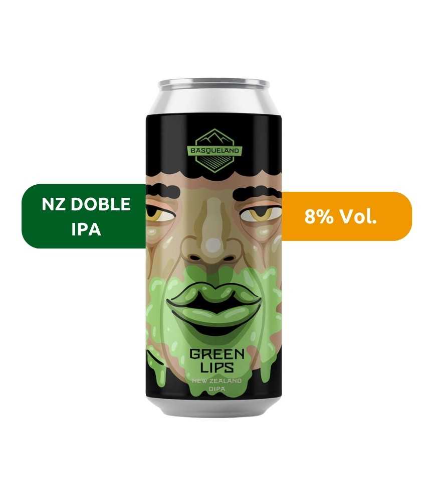 Cerveza Green Lips, de Basqueland. De estilo New Zealand Doble IPA y con un 8% de alcohol.
