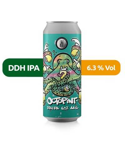 Cerveza Octopint de Espiga, de estilo DDH IPA y con un 6,3% de alcohol.