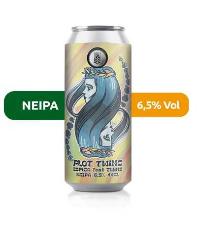 Cerveza Plot Twins de Espiga, de estilo NEIPA y con un 6,5% de alcohol.