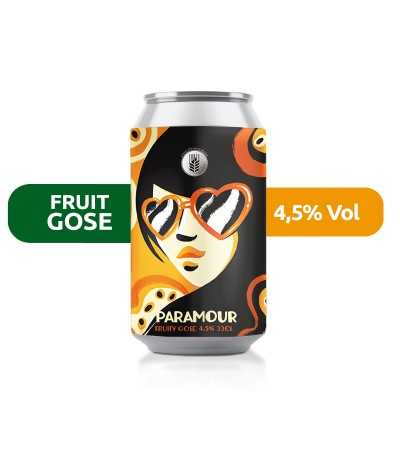 Cerveza Paramour de Espiga, de estilo Fruit GOSE y con un 4,5% de alcohol.