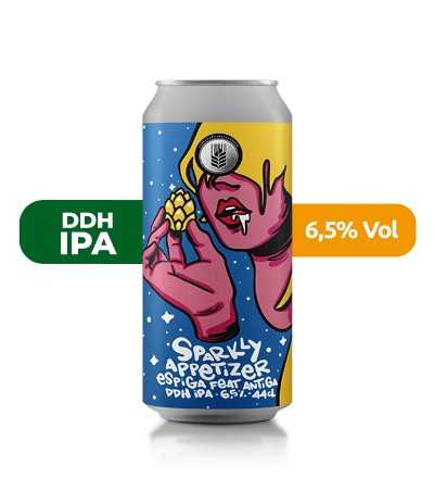 Cerveza Sparkly Appetizer Espiga, de estilo DDH IPA y con un 6,5% de alcohol.