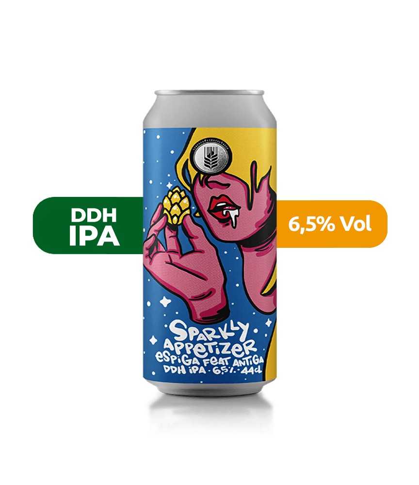 Cerveza Sparkly Appetizer Espiga, de estilo DDH IPA y con un 6,5% de alcohol.