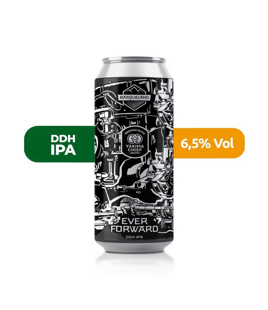 Cerveza Ever Forward de Basqueland, de estilo DDH IPA y con un 6,5% de alcohol.