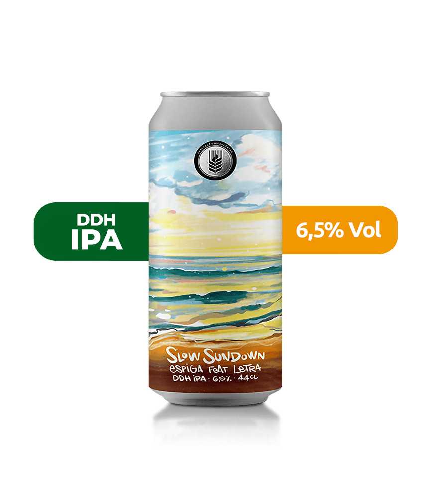 Cerveza Slow Sundown de Espiga, de estilo DDH IPA y con un 6,5% de alcohol.