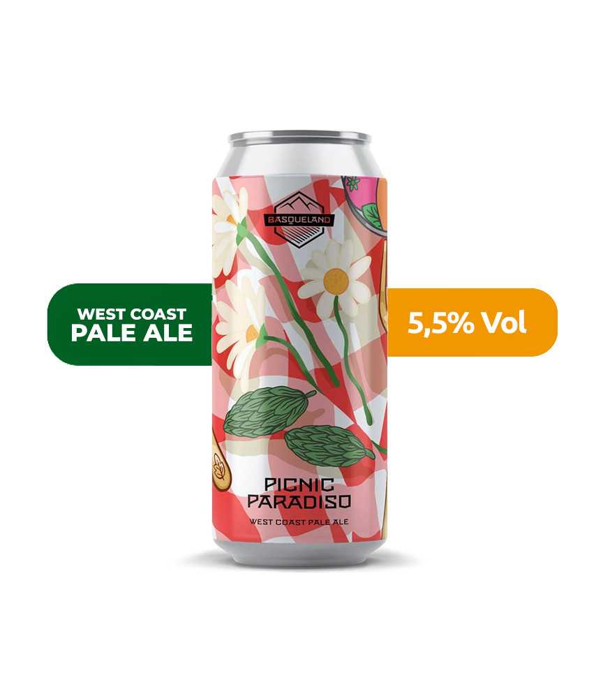 Cerveza Picninc Paradiso de Basqueland, de estilo West Coast Pale Ale y con un 5,5% de alcohol.