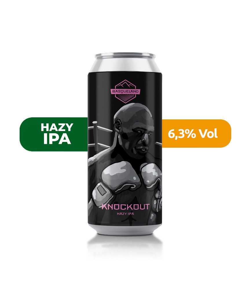 Cerveza Knockout de Basqueland, de estilo Hazy IPA y con un 6,3% de alcohol.