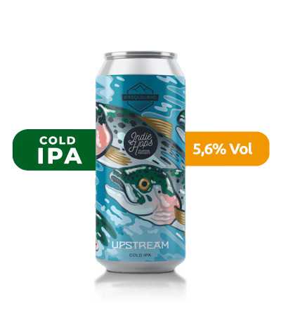 Cerveza Upstream de Basqueland, de estilo Cold IPA y con un 5,6% de alcohol.