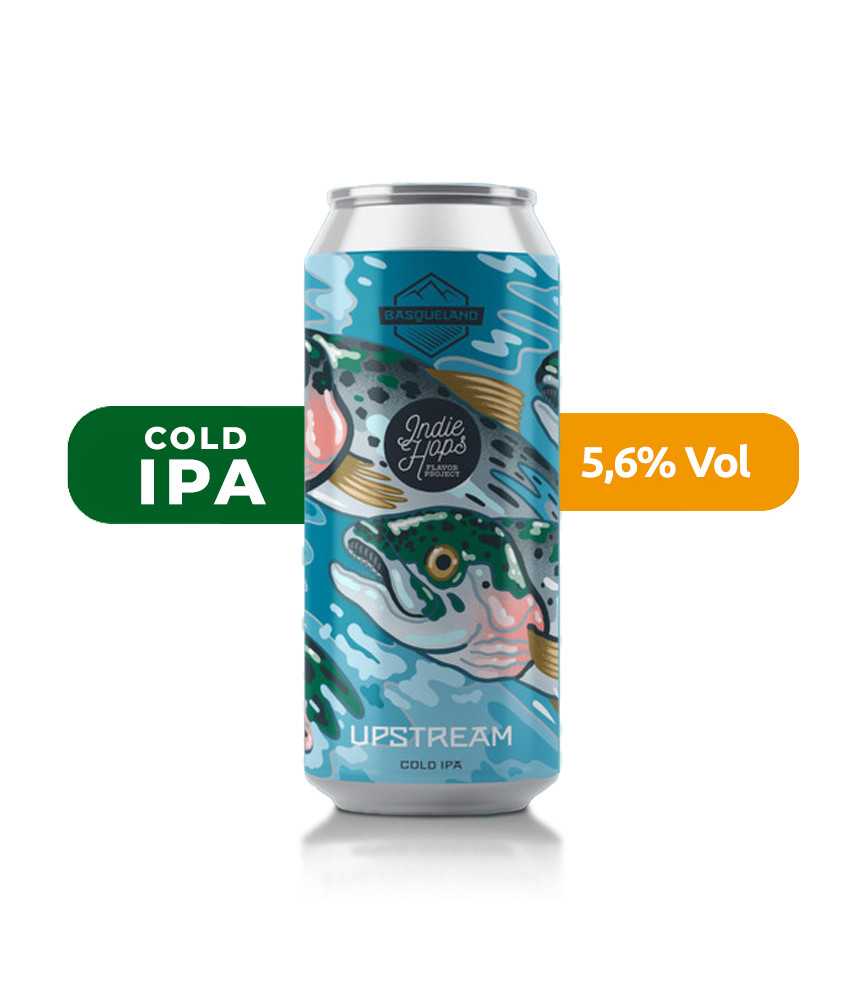 Cerveza Upstream de Basqueland, de estilo Cold IPA y con un 5,6% de alcohol.