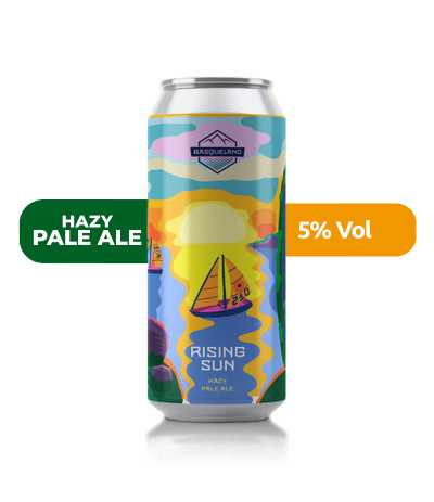 Cerveza Rising Sun de Basqueland, de estilo Hazy Pale Ale y con un 5% de alcohol.