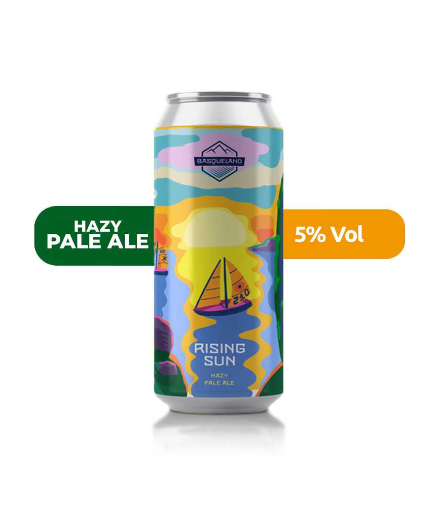 Cerveza Rising Sun de Basqueland, de estilo Hazy Pale Ale y con un 5% de alcohol.