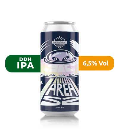 Cerveza Area 52 de Basqueland, de estilo DDH IPA y con un 6,5% de alcohol.