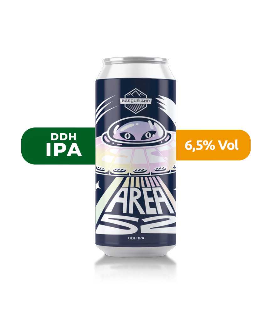 Cerveza Area 52 de Basqueland, de estilo DDH IPA y con un 6,5% de alcohol.