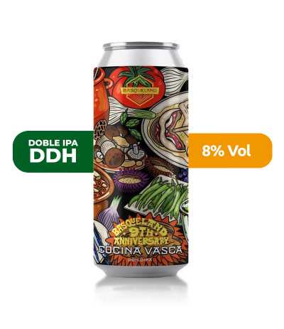 Cerveza Cocina Vasca de Basqueland, de estilo DDH Doble IPA y con un 8% de alcohol.