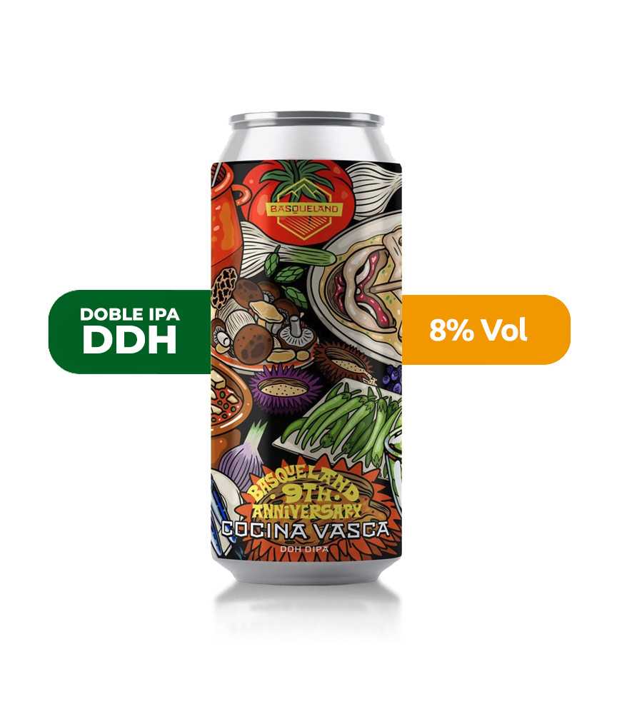 Cerveza Cocina Vasca de Basqueland, de estilo DDH Doble IPA y con un 8% de alcohol.