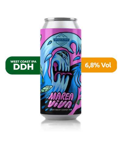 Cerveza Marea Viva de Basqueland, de estilo DDH West Coast IPA y con un 6,8% de alcohol.