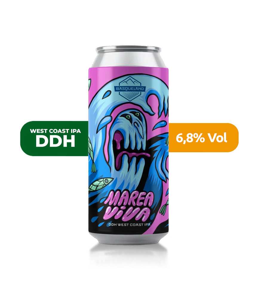 Cerveza Marea Viva de Basqueland, de estilo DDH West Coast IPA y con un 6,8% de alcohol.