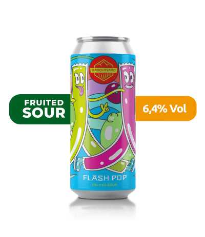 Cerveza Flash Pop de Basqueland, de estilo Fruited Sour y con un 6,4% de alcohol.