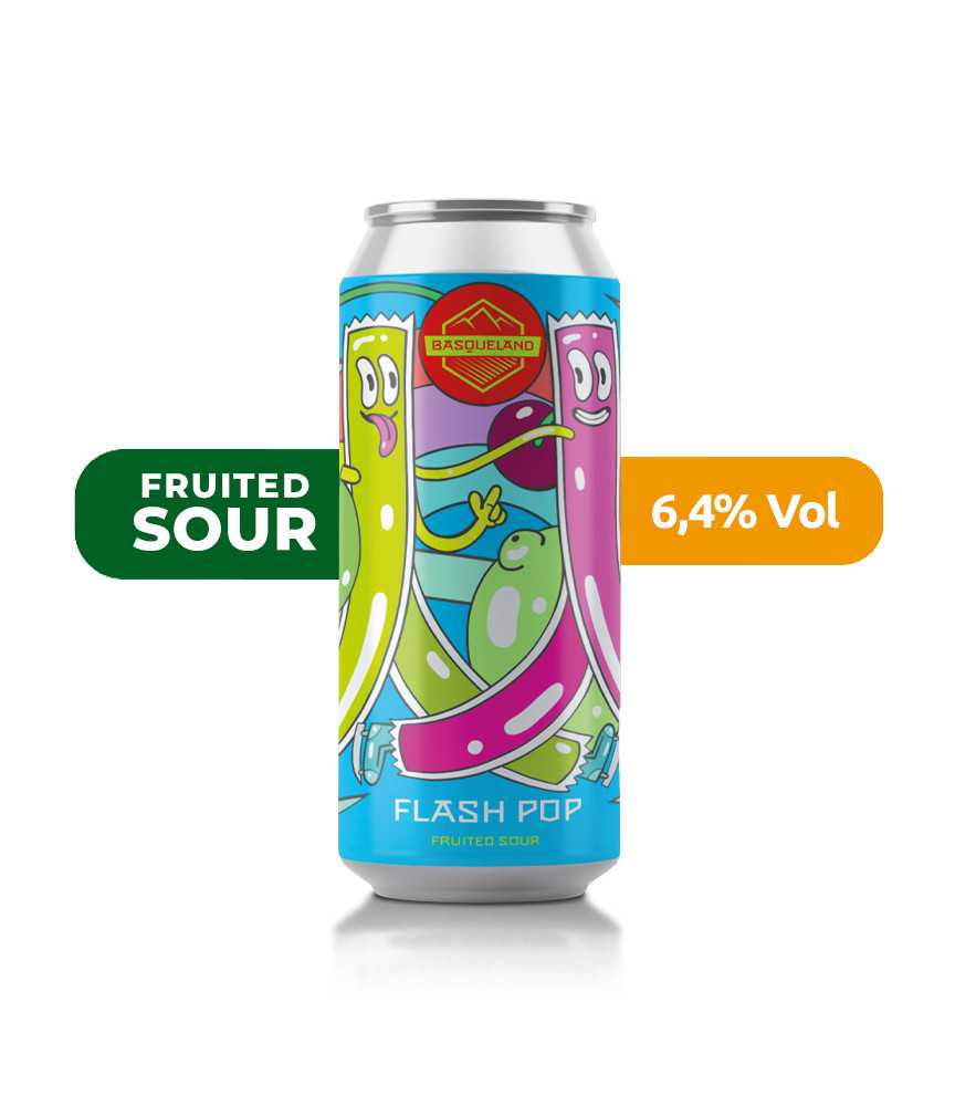 Cerveza Flash Pop de Basqueland, de estilo Fruited Sour y con un 6,4% de alcohol.