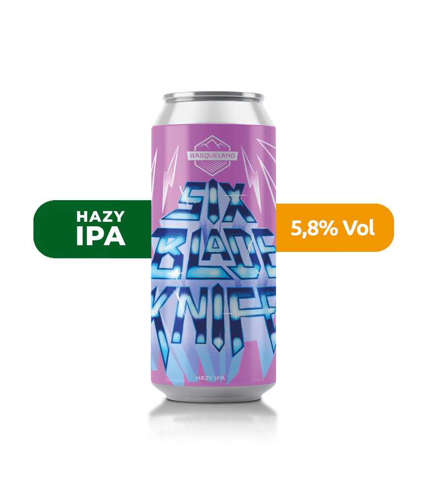 Cerveza Six Blade Knife de Basqueland, de estilo Hazy IPA y con un 5,8% de alcohol.