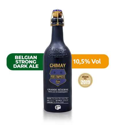 Cerveza Chimay Azul Oak 2019 de estilo Belgian Quadrupel y con un 10,5% de alcohol.