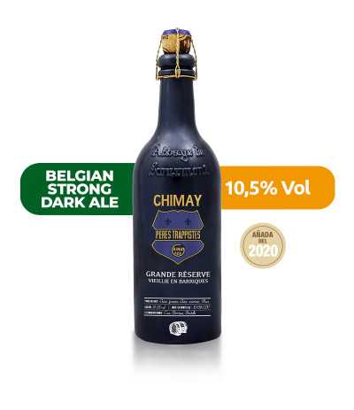 Chimay Azul Oak 2020, de estilo Belgian Quadrupel y con un 10,5% de alcohol.