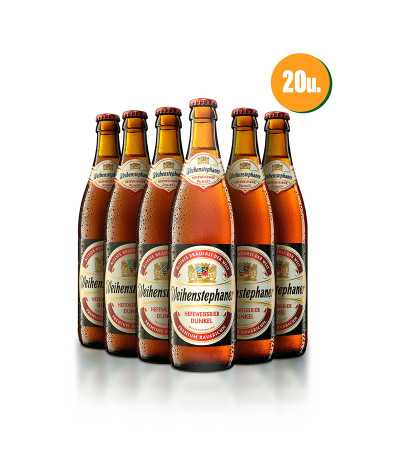 Caja de 20 unidades de cervezas Weihenstephan Dunkel tipo Dunkelweizen, con un 5.3% de alcohol.