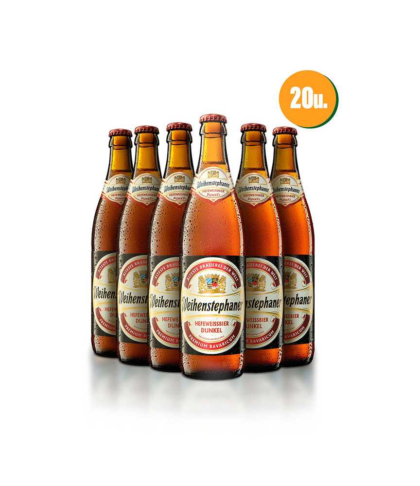 Caja de 20 unidades de cervezas Weihenstephan Dunkel tipo Dunkelweizen, con un 5.3% de alcohol.