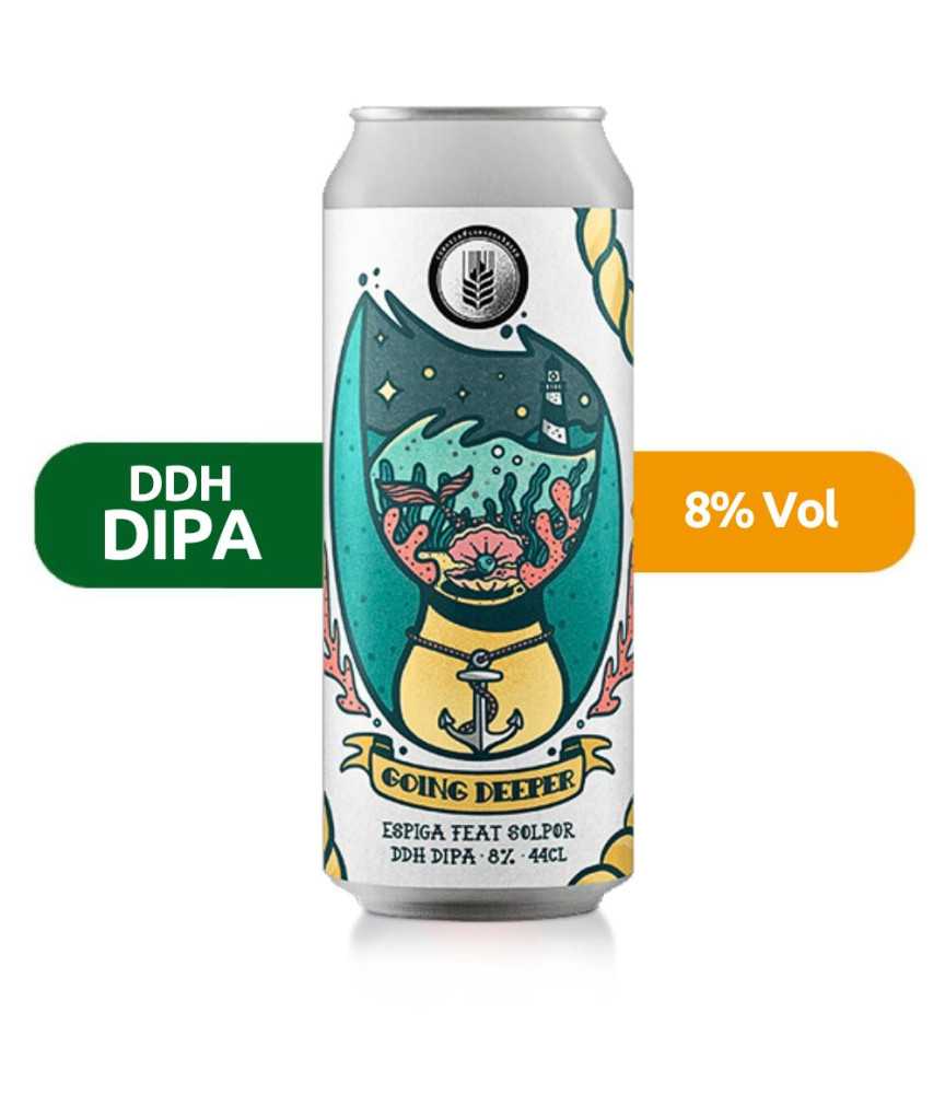 Going Deeper de Espiga de estilo DDH DIPA con un 8% de alcohol.