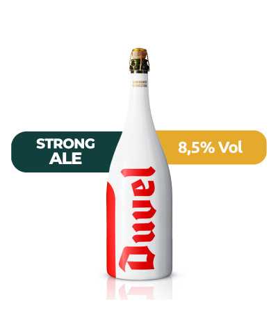 Duvel Magnum 1,5L de estilo Belgian Ale con un 8,5% de alcohol.