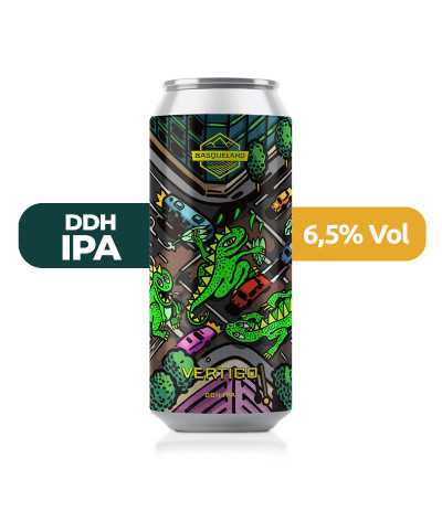 Vertigo de Basqueland de estilo DDH IPA con un 6,5% de alcohol.