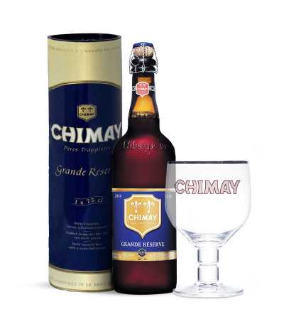 Pack de cerveza Chimay Grande Réserve de 75cl en tubo metálico y con copa