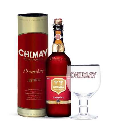 Cerveza Chimay Première 75cl en tubo metálico y con copa