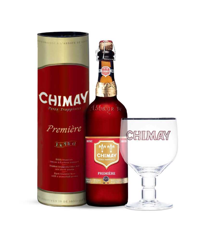 Cerveza Chimay Première 75cl en tubo metálico y con copa