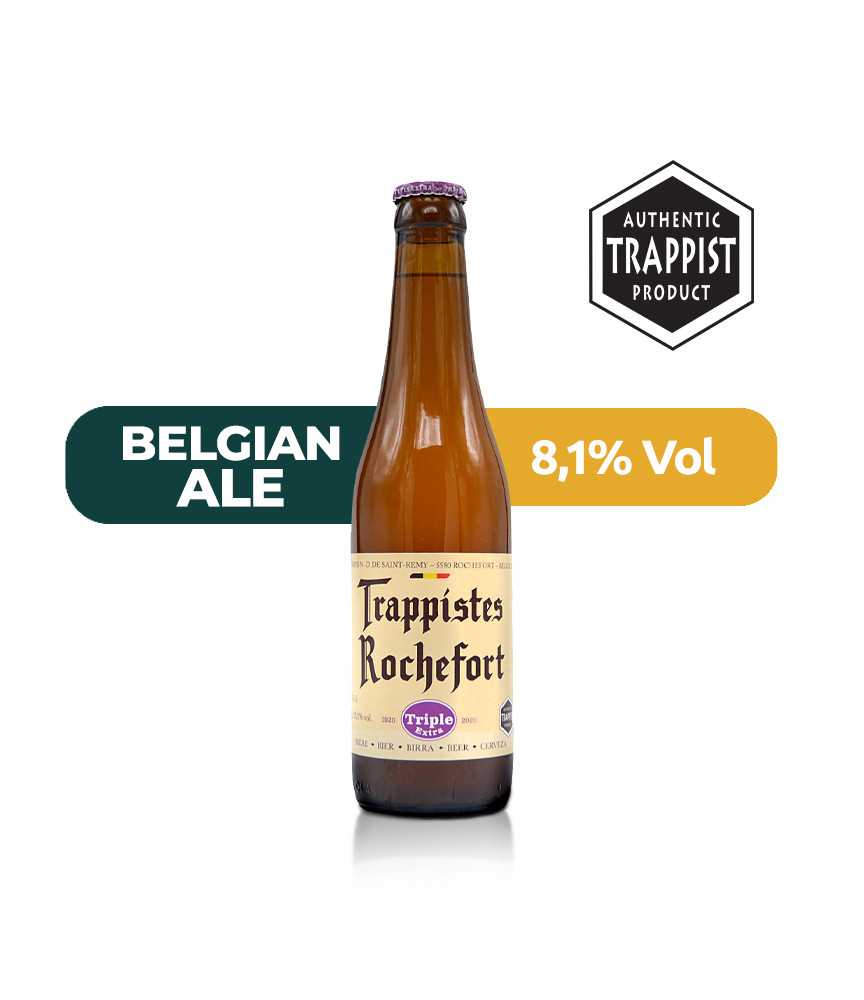 Cerveza Trappistes Rochefort Triple Extra de 33cl, de estilo Belgian Tripel con un 8,1% de alcohol.