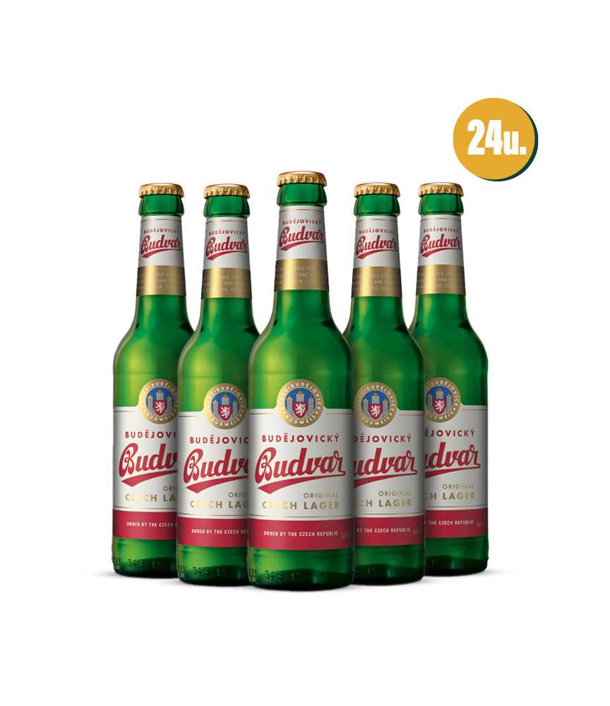 Budejovicky Budvar Caja de 24x33cl en botella, con un 5% de alcohol.