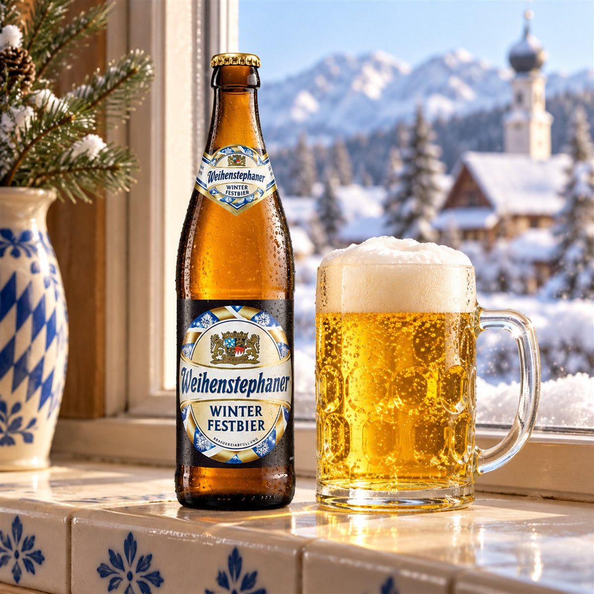 Weihenstephan Winterfestbier: bebida servida en vaso junto a su envase