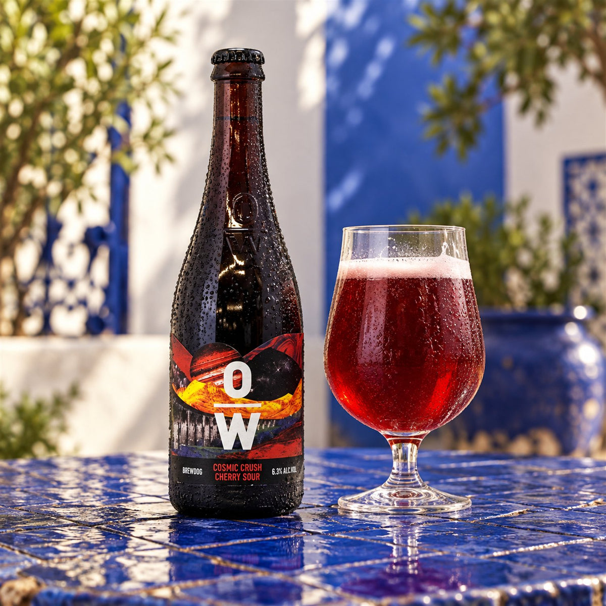 BrewDog OverWorks Cosmic Crush Cherry Sour: bebida servida en vaso junto a su envase