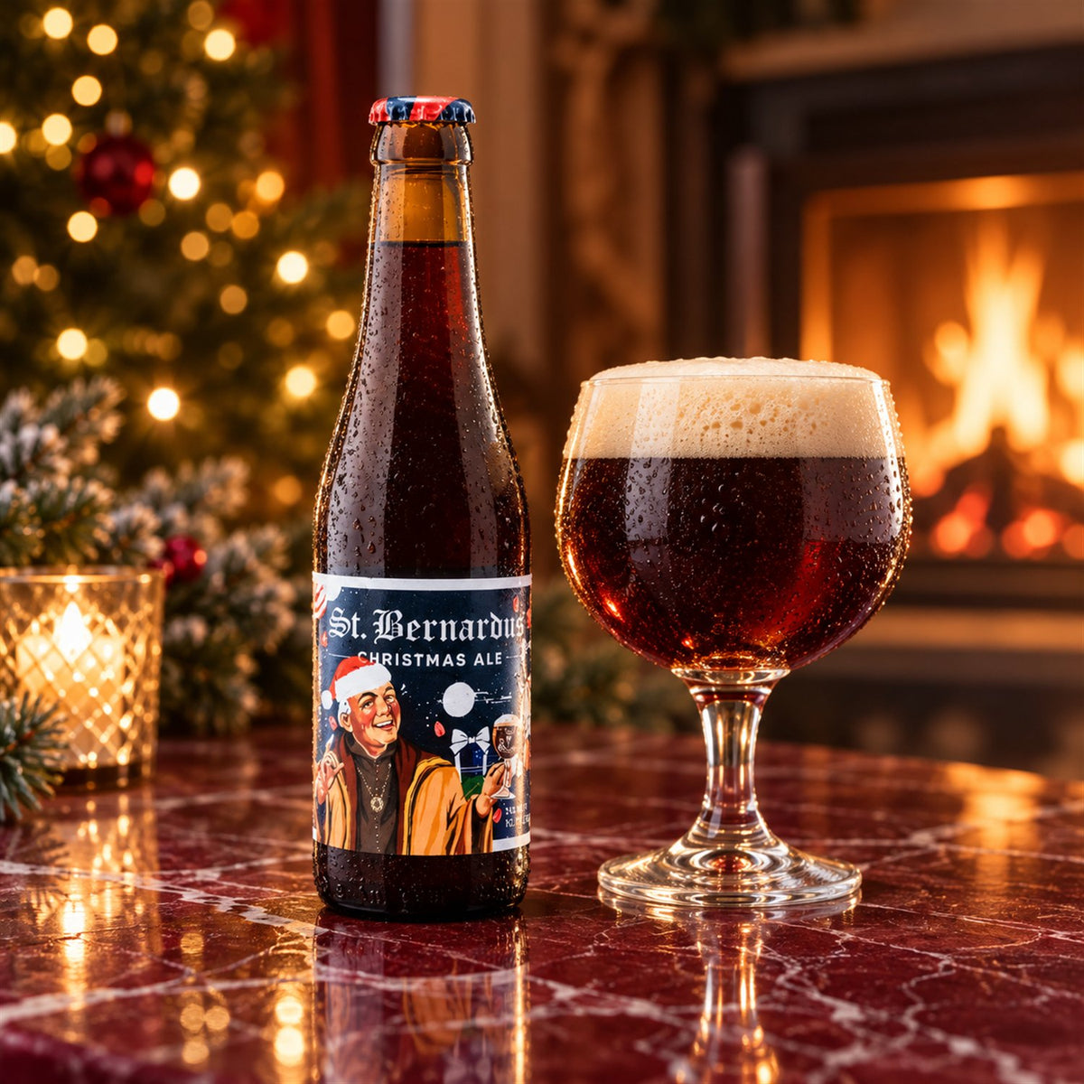 St. Bernardus Christmas: bebida servida en vaso junto a su envase