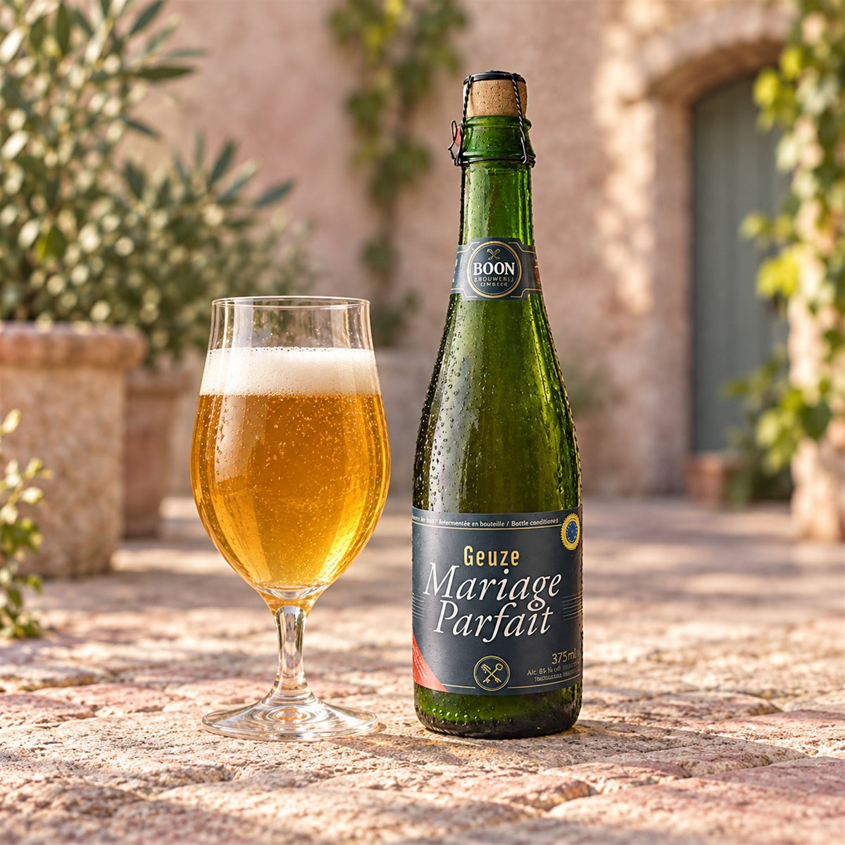 Boon Geuze Mariage Parfait: bebida servida en vaso junto a su envase