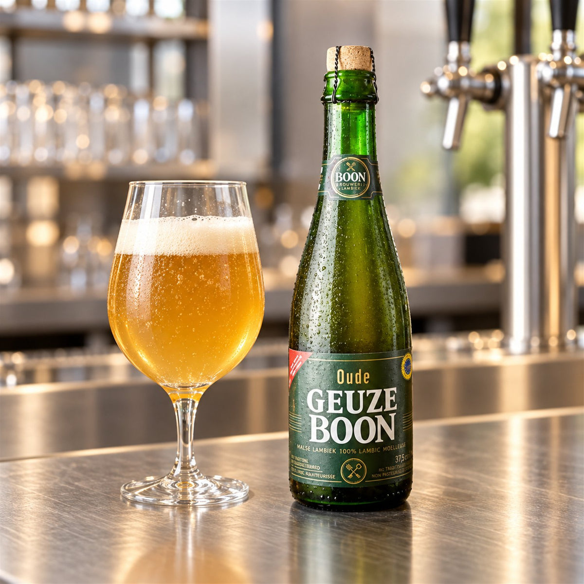 Boon Oude Geuze: bebida servida en vaso junto a su envase